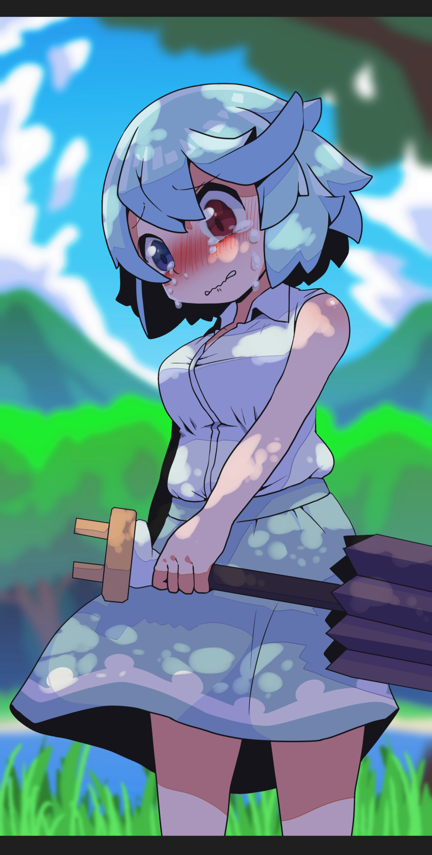 1girl absurdres bangs blue_eyes blue_hair blue_skirt blue_sky blush breasts clouds commentary_request cookie_(touhou) cowboy_shot crying crying_with_eyes_open grass heterochromia highres holding holding_umbrella large_breasts looking_down mioto_(cookie) mountain no_vest nose_blush onaji_(sokudo_seigen) outdoors purple_umbrella red_eyes shirt short_hair skirt sky sleeveless sleeveless_shirt solo tatara_kogasa tearing_up tears touhou tree umbrella wavy_mouth white_shirt
