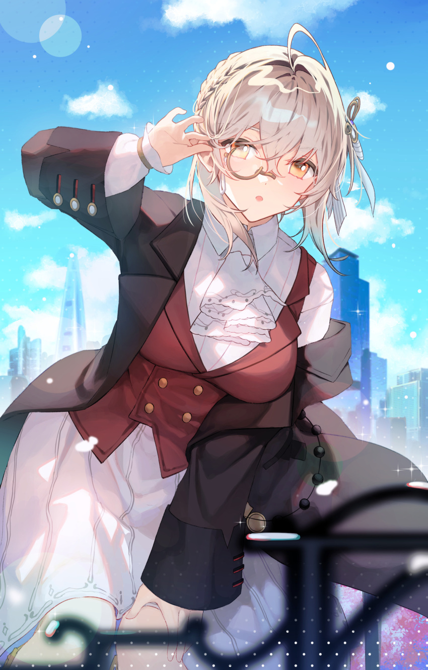 1girl :o absurdres adjusting_hair ahoge blue_sky breasts buttons clouds counter:side edel_meitner hair_ornament hand_on_own_knee highres long_sleeves monocle outdoors shotgunman skirt sky solo spring_(season) yellow_eyes