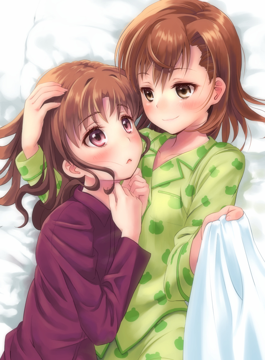 2girls blush breasts brown_eyes brown_hair closed_mouth collarbone hand_on_another's_head highres long_hair looking_at_another misaka_mikoto multiple_girls on_bed open_mouth pajamas shirai_kuroko short_hair small_breasts smile toaru_majutsu_no_index yonabe yuri