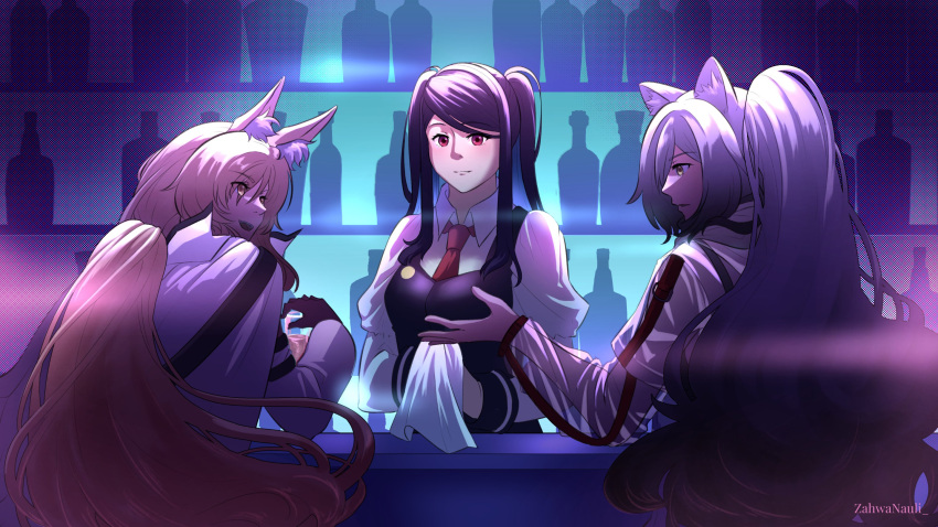 3girls animal_ears arknights artist_name bar_(place) bartender bottle cat_ears cat_girl crossover gloves highres holding holding_towel jill_stingray long_hair multiple_girls necktie pink_hair ponytail pozyomka_(arknights) purple_hair red_eyes schwarz_(arknights) towel twintails va-11_hall-a wine_bottle wolf_ears wolf_girl yellow_eyes zahwanauli