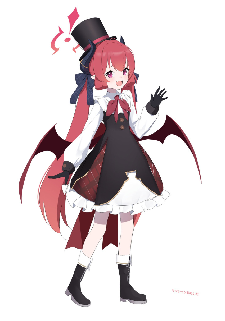 1girl :d alternate_costume beko_(beco_1122) black_footwear black_gloves black_headwear black_horns blue_archive boots bow bowtie commentary_request demon_horns demon_wings dress fang full_body gloves hair_ribbon halo hat highres horns junko_(blue_archive) long_sleeves looking_at_viewer low_wings open_mouth plaid plaid_ribbon red_bow red_bowtie red_wings redhead ribbon simple_background skin_fang smile solo top_hat translation_request twintails violet_eyes white_background wings
