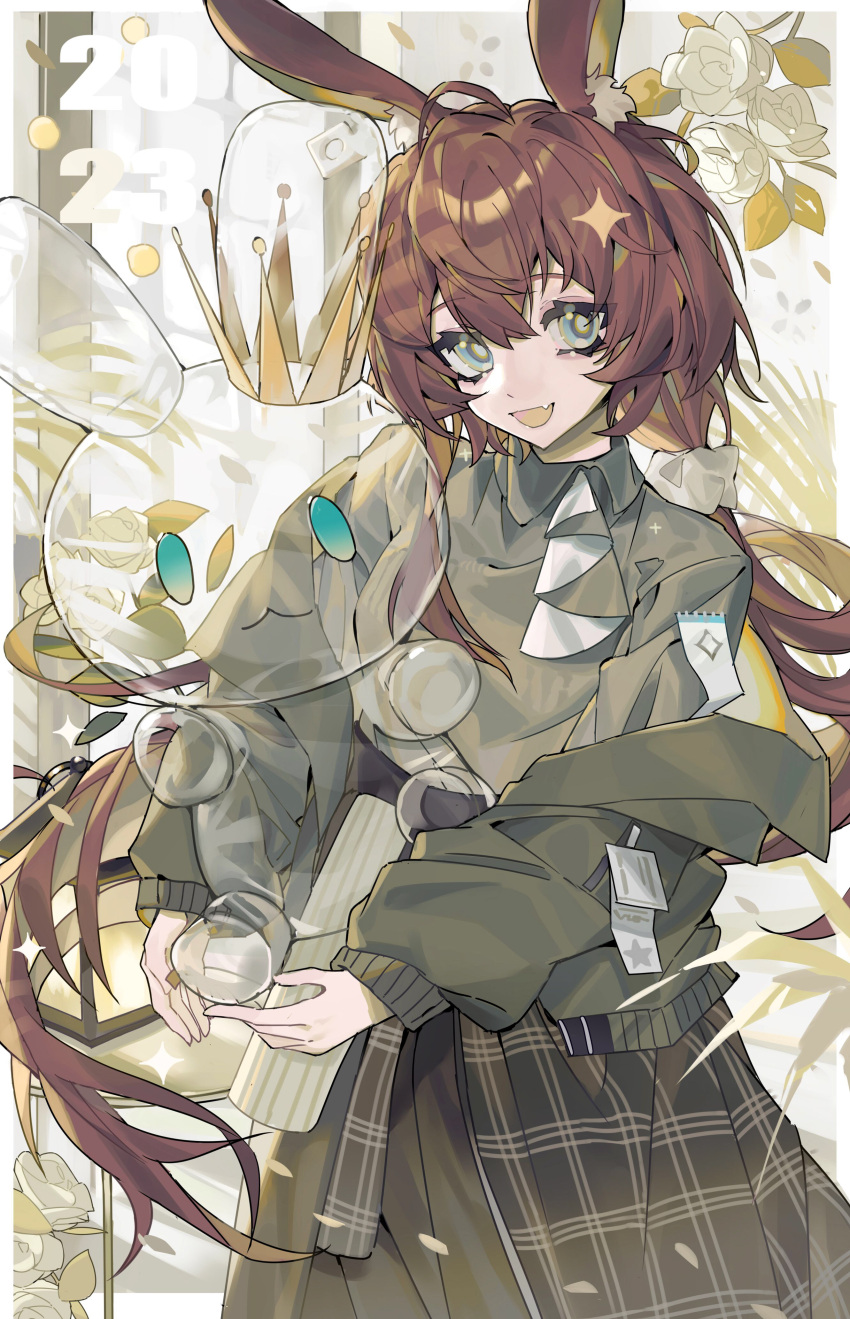 1girl 2023 :3 :d absurdres ahoge amiya_(arknights) animal_ear_fluff animal_ears arknights balloon blue_eyes bright_pupils brown_hair brown_skirt cowboy_shot crown flower grey_jacket grey_shirt highres jacket long_hair long_sleeves looking_at_viewer low_ponytail open_clothes open_jacket open_mouth plaid plaid_skirt rabbit_ears rose shirt skirt smile solo taowu_(20809) white_flower white_rose