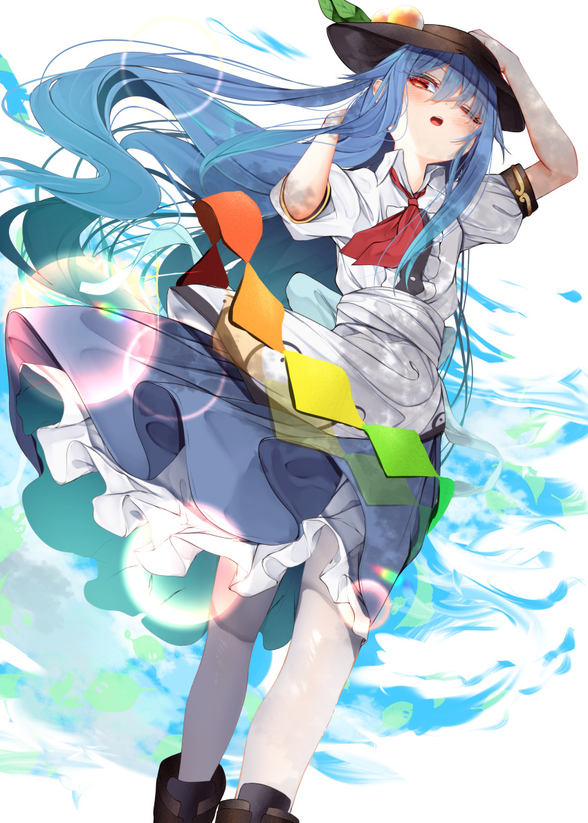 1girl absurdres apron back_bow black_headwear blue_hair blue_skirt bow buttons center_frills collared_shirt feet_out_of_frame food frilled_skirt frills fruit hair_between_eyes hand_on_headwear hat highres hinanawi_tenshi leaf_hat_ornament long_hair looking_at_viewer one_eye_closed open_mouth pantyhose peach peach_hat_ornament puffy_short_sleeves puffy_sleeves red_eyes shirt short_sleeves skirt solo standing teeth touhou tsune_(tune) upper_teeth_only waist_apron white_apron white_pantyhose white_shirt