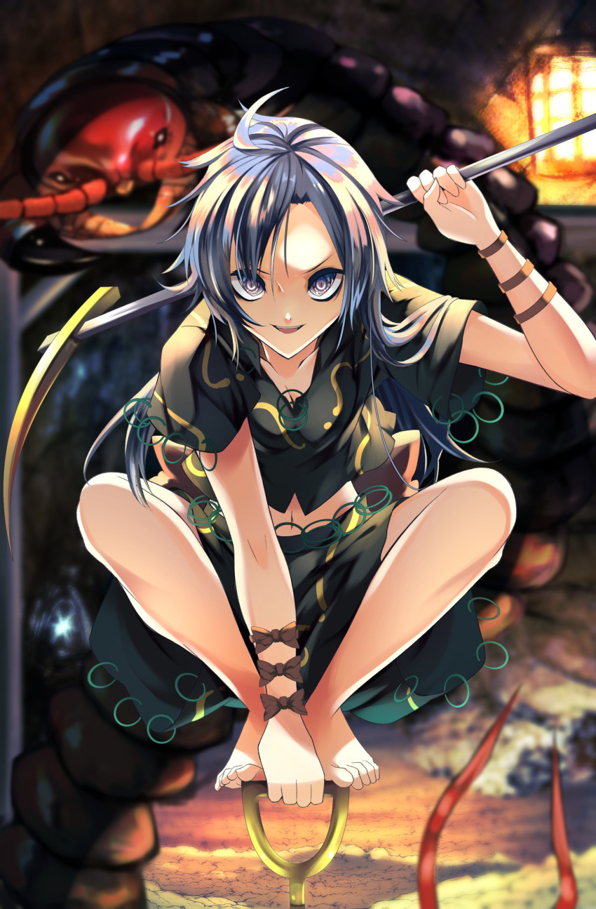 1girl arm_ribbon arm_strap balancing barefoot blue_eyes blue_hair bow bug centipede commentary_request green_shirt green_skirt highres himemushi_momoyo holding holding_pickaxe holding_shovel jewelry leg_ribbon long_hair messy_hair mullet orange_bow orange_ribbon pickaxe ribbon ring shin_strap shirt shovel skirt skirt_set solo squatting touhou very_long_hair wakadori1234