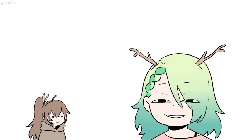 2girls antlers anya's_heh_face_(meme) bangs brown_hair ceres_fauna chaleko green_hair half-closed_eyes high_ponytail hololive hololive_english long_hair looking_at_another looking_at_viewer meme multiple_girls nanashi_mumei parted_lips simple_background smile spy_x_family troll_face white_background