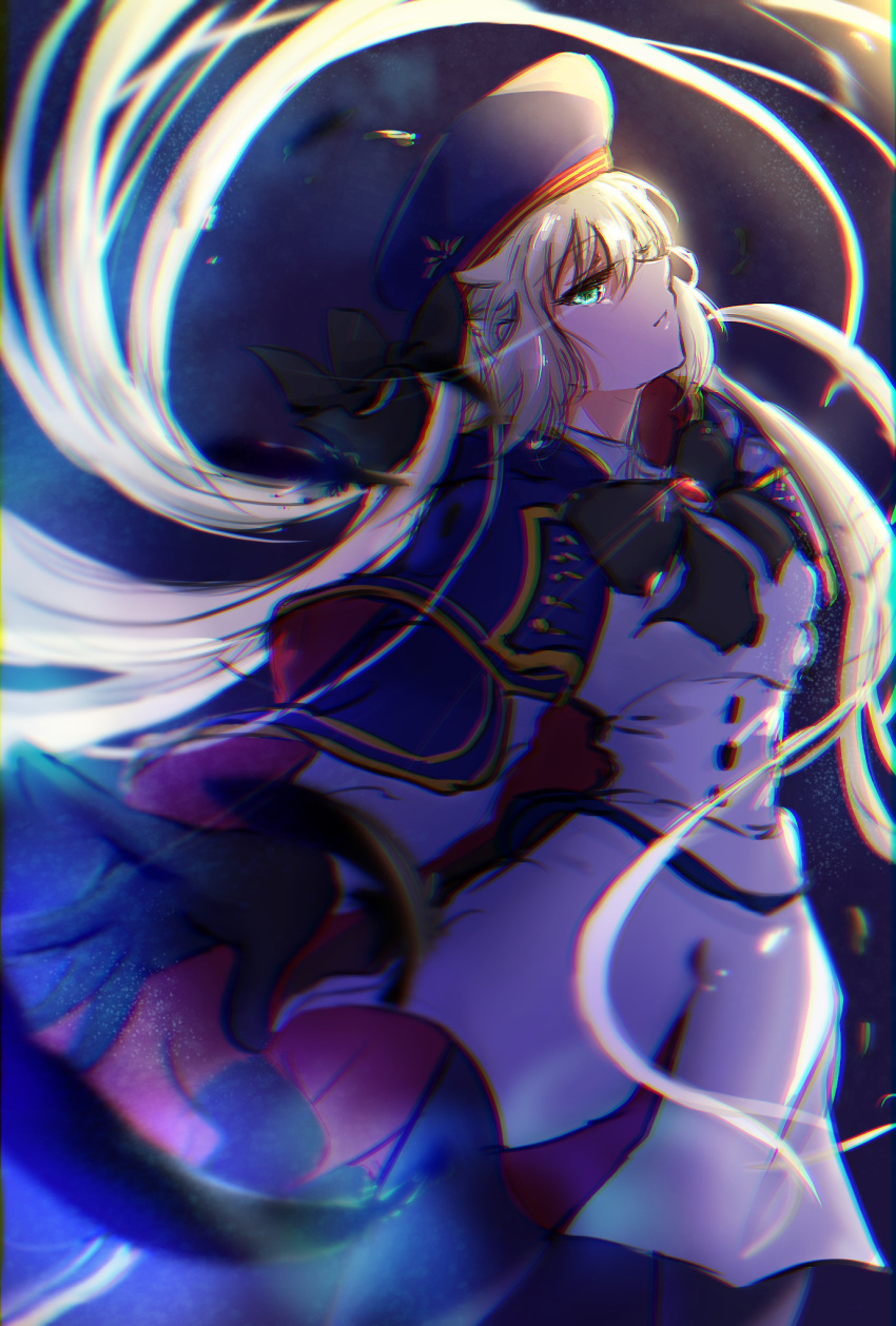1girl ahoge artoria_caster_(fate) artoria_caster_(second_ascension)_(fate) artoria_pendragon_(fate) bangs black_gloves black_jacket black_pantyhose blonde_hair blue_cape blue_headwear bow buttons cape chromatic_aberration commentary_request dark_background double-breasted dress fate/grand_order fate_(series) feathers from_below from_side gloves green_eyes hat highres jacket light_smile long_hair long_sleeves pantyhose ribbon ringozuki solo tonelico_(fate) very_long_hair white_jacket