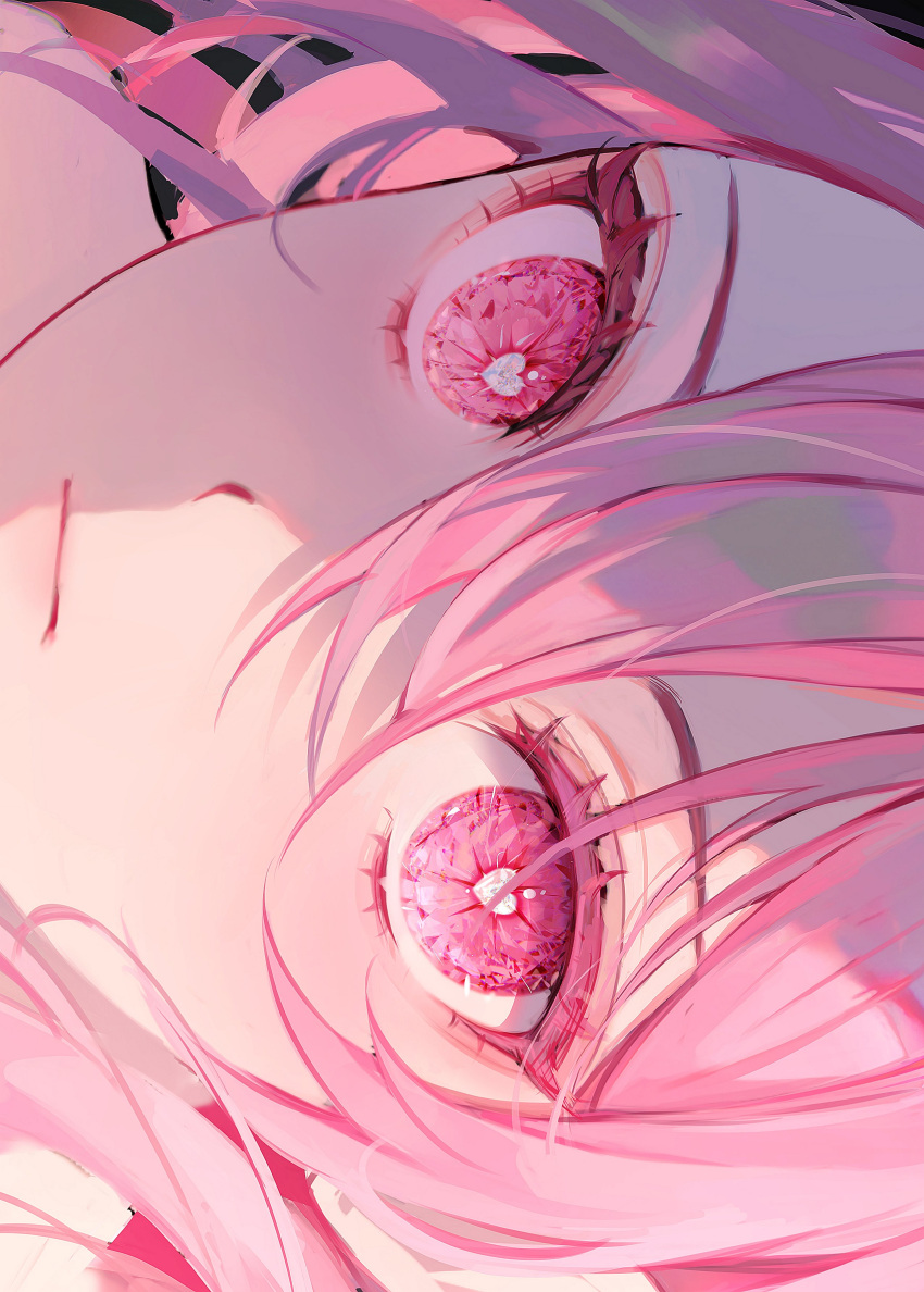 1girl 58_(opal_00_58) absurdres bangs black_background blush closed_mouth english_commentary eyelashes hair_between_eyes heart heart-shaped_pupils highres long_hair looking_at_viewer original pink_eyes pink_hair short_hair simple_background solo symbol-shaped_pupils upper_body