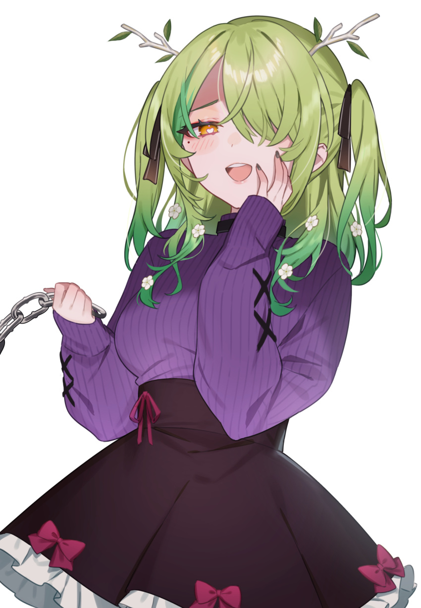 1girl :d antlers bangs black_bow black_collar black_nails black_skirt bow breasts ceres_fauna chain chain_leash collar frilled_skirt frills green_hair gukurosawa01 hair_bow hair_over_one_eye hand_on_own_face hands_up heart heart-shaped_pupils highres holding hololive hololive_english leaf leash long_hair long_sleeves looking_at_viewer medium_breasts multicolored_hair nail_polish orange_eyes pleated_skirt purple_bow purple_sweater ribbed_sweater simple_background skirt sleeves_past_wrists smile solo streaked_hair sweater symbol-shaped_pupils two_side_up virtual_youtuber white_background