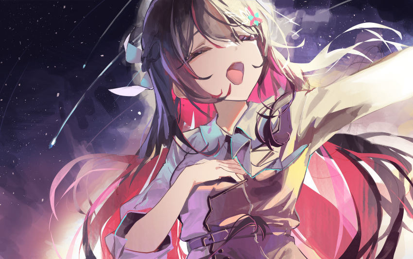 1girl absurdres asymmetrical_sleeves azki_(hololive) bangs belt black_hair bloom brown_jacket closed_eyes cocoballking collared_shirt colored_inner_hair hair_ribbon hand_on_own_chest highres hololive jacket long_hair meteor meteor_shower multicolored_hair music open_mouth out_of_frame outstretched_arm pink_hair ribbon shirt sidelocks singing sky sleeves_rolled_up solo star_(sky) starry_sky streaked_hair swept_bangs virtual_youtuber white_ribbon white_shirt