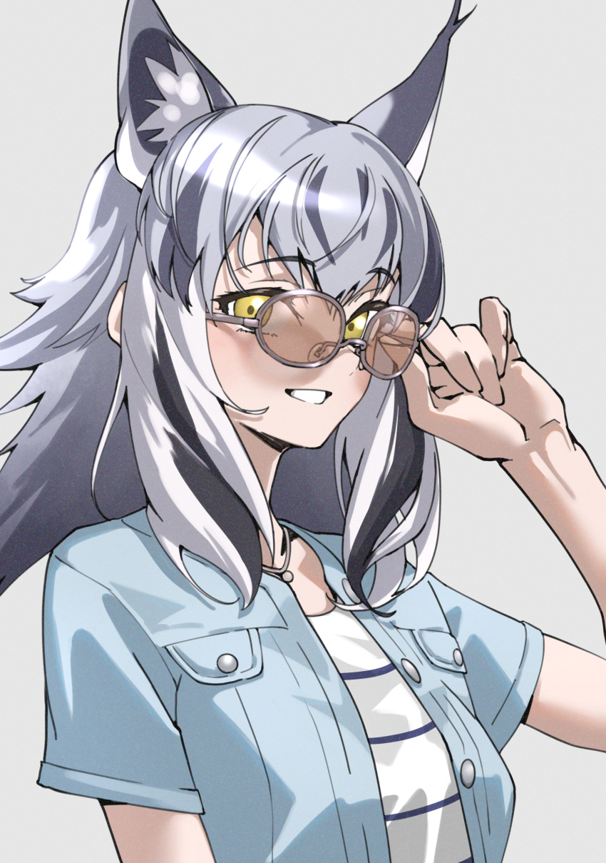 1girl absurdres adjusting_eyewear blue_jacket blush canadian_lynx_(kemono_friends) commentary extra_ears glasses grey_hair highres jacket jewelry kemono_friends kemono_friends_3 lynx_ears lynx_girl multicolored_hair necklace official_alternate_costume open_clothes open_jacket shirt short_hair short_sleeves smile solo tanabe_(fueisei) white_shirt yellow_eyes