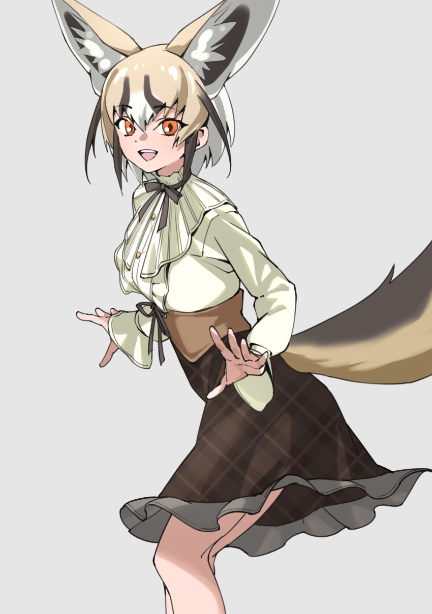 absurdres animal_ears black_bow black_bowtie blonde_hair blush bow bowtie brown_hair brown_skirt casual collar commentary cowboy_shot extra_ears fox_ears fox_girl fox_tail frilled_collar frills grey_background high-waist_skirt highres kemono_friends kemono_friends_3 long_sleeves looking_at_viewer multicolored_hair official_alternate_costume open_mouth orange_eyes plaid plaid_skirt puffy_sleeves rueppell's_fox_(kemono_friends) shirt short_hair sidelocks simple_background skirt smile tail tanabe_(fueisei) white_hair white_shirt