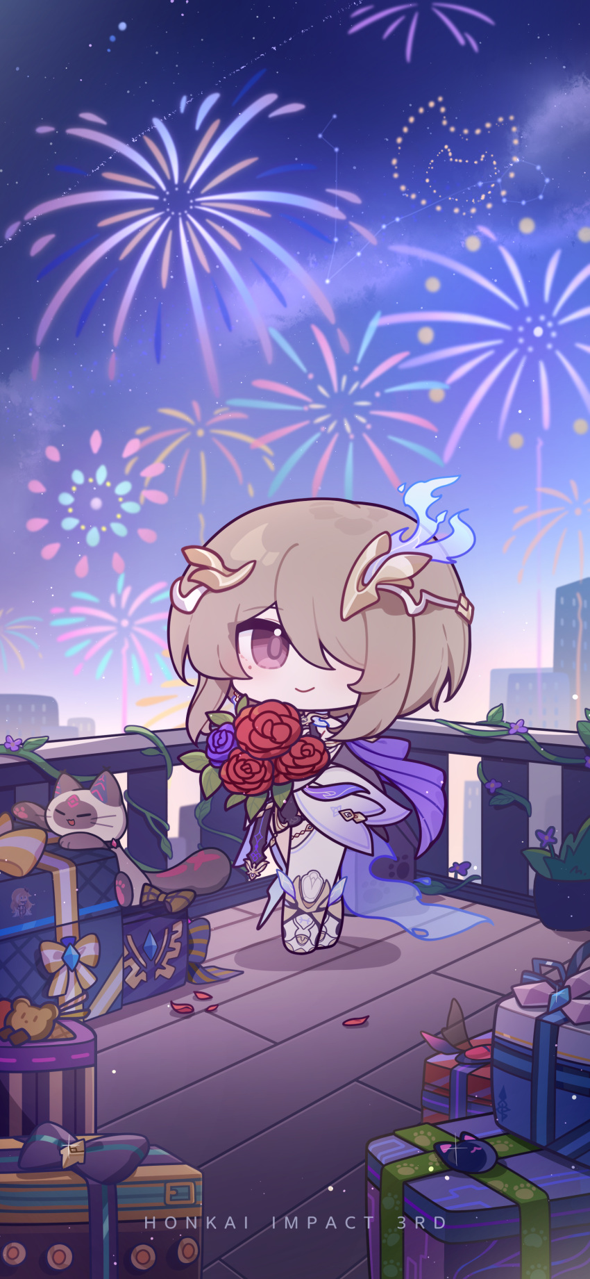 1girl absurdres aerial_fireworks bangs bouquet box cat chibi english_text fireworks flower gift gift_box highres holding holding_bouquet honkai_(series) honkai_impact_3rd looking_at_viewer official_art official_wallpaper one_eye_covered purple_flower red_flower rita_rossweisse rita_rossweisse_(spina_astera) smile standing yellow_headwear