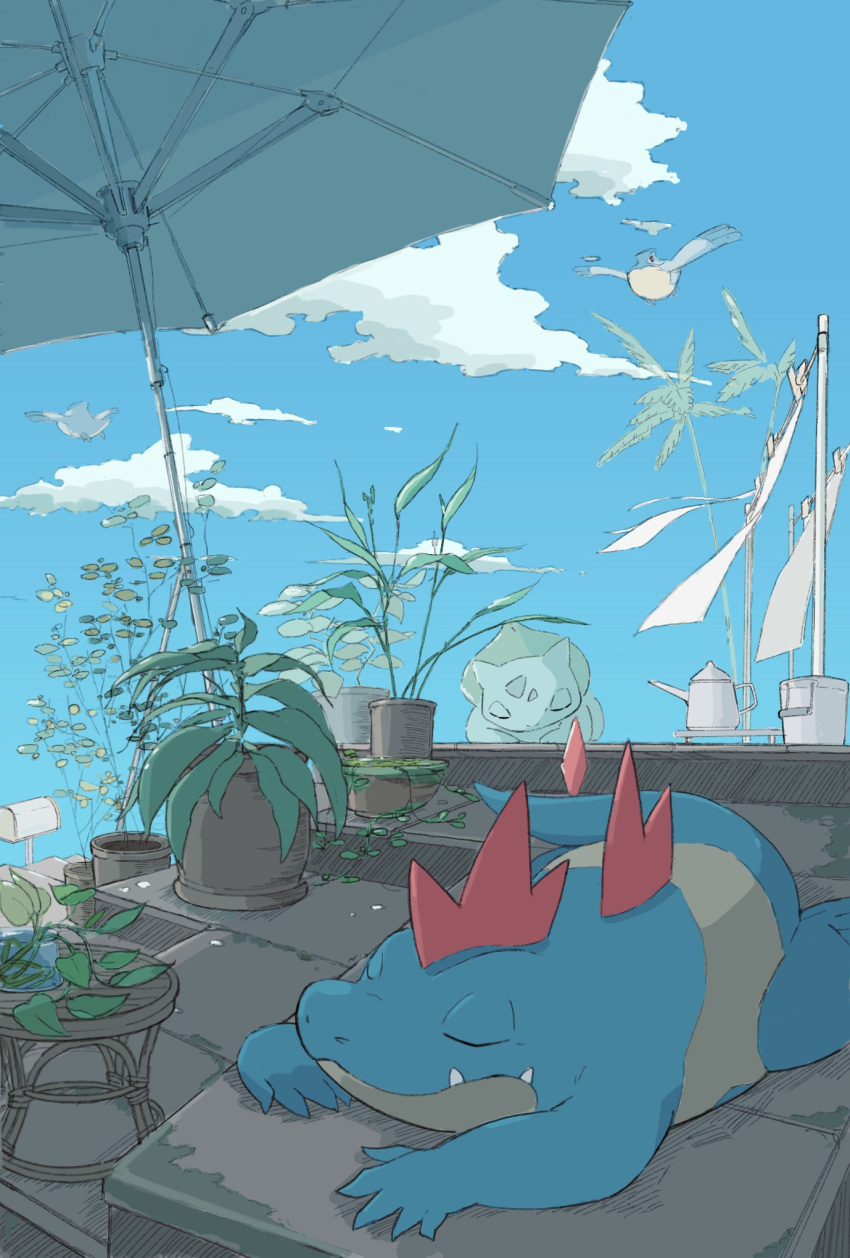 blue_sky bucket bulbasaur claws closed_eyes closed_mouth clouds croconaw fangs flower_pot flying highres laundry_pole mailbox_(incoming_mail) momota_pix pelipper plant pokemon sky sleeping umbrella watering_can zzz