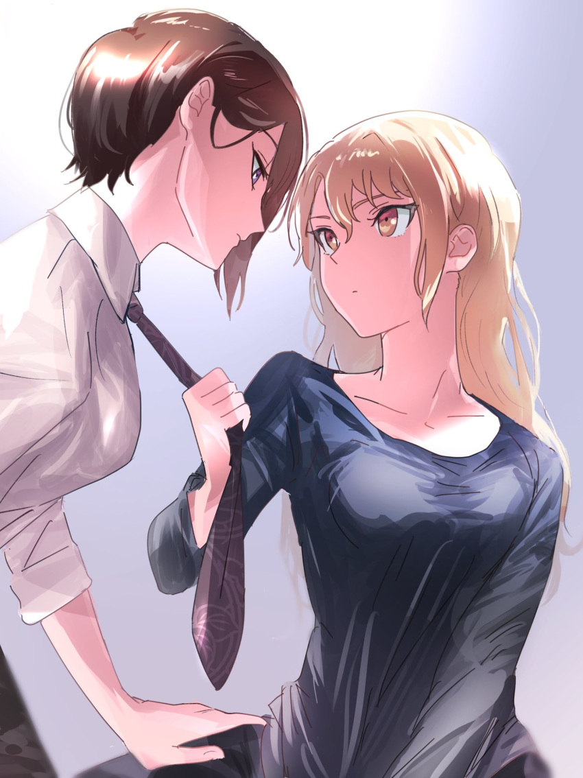 2girls bang_dream! blonde_hair blue_shirt brown_eyes brown_hair closed_mouth collarbone collared_shirt commentary eye_contact hand_on_another's_thigh highres kirigaya_touko long_hair looking_at_another multiple_girls necktie necktie_grab neckwear_grab pine_(pinepipp) shirt short_hair sleeves_rolled_up symbol-only_commentary underwear white_shirt yashio_rui yuri