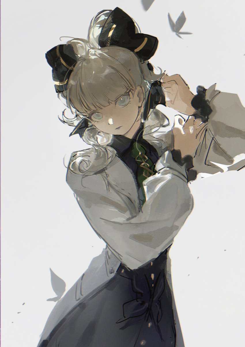 1girl ace_attorney bangs black_bow blonde_hair blue_eyes blunt_bangs bow bug butterfly closed_mouth coat grey_background hair_bow highres labcoat liyuliyuzhou long_sleeves looking_at_viewer maria_gorey simple_background solo standing the_great_ace_attorney the_great_ace_attorney_2:_resolve white_coat