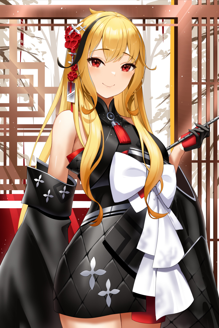 1girl absurdres black_kimono blonde_hair bow cowboy_shot detached_sleeves gloves hair_ornament highres holding holding_smoking_pipe hololive japanese_clothes kaela_kovalskia kimono kiseru long_hair looking_at_viewer multicolored_hair official_alternate_costume red_eyes roina_(effj7473) smile smoking_pipe solo streaked_hair virtual_youtuber white_bow