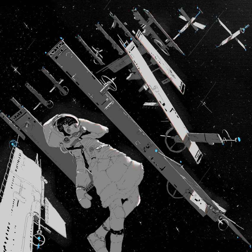 1girl absurdres astronaut black_background camera expressionless from_side full_body greyscale highres lefko_d looking_at_viewer monochrome original satellite solo space space_helmet spacecraft spacesuit spot_color star_(sky) television traditional_media wide_shot