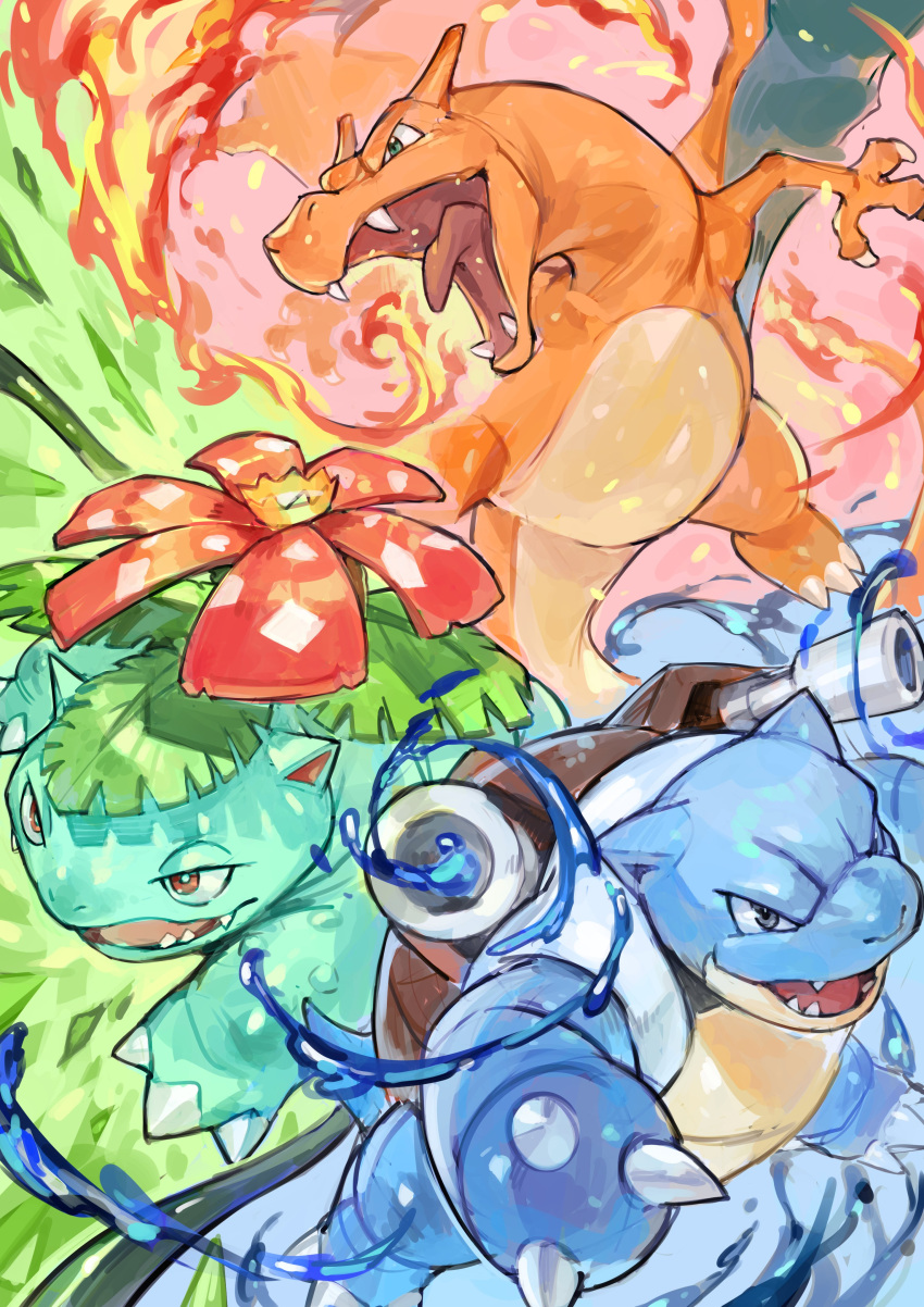 absurdres blastoise blue_eyes brown_eyes charizard claws fang fang_out fangs fire flame highres looking_ahead open_mouth pokemon pokemon_(creature) pokemon_(game) red_eyes starter_pokemon_trio tapioka_chaso tongue v-shaped_eyebrows venusaur water