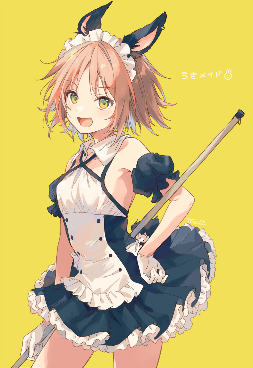 1girl :d animal_ears bad_id bad_pixiv_id blush bow broom bunny's_quest detached_sleeves frills gloves hand_on_hip highres holding holding_broom konayama_kata light_brown_hair maid maid_headdress orange_eyes puffy_detached_sleeves puffy_sleeves rabbit_ears rabbit_girl rabbit_tail short_hair signature simple_background smile solo tail white_bow white_gloves yellow_background