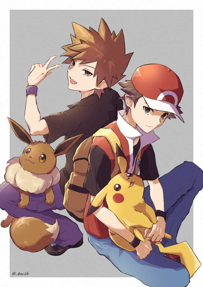 2boys :d anidf blue_oak brown_eyes brown_footwear brown_hair brown_shirt closed_mouth commentary eevee hat highres jacket male_focus multiple_boys on_lap open_mouth pants pikachu pokemon pokemon_(creature) pokemon_(game) pokemon_frlg pokemon_on_lap purple_pants purple_wristband red_(pokemon) red_headwear shirt shoes short_hair short_sleeves smile spiky_hair t-shirt vs_seeker wristband
