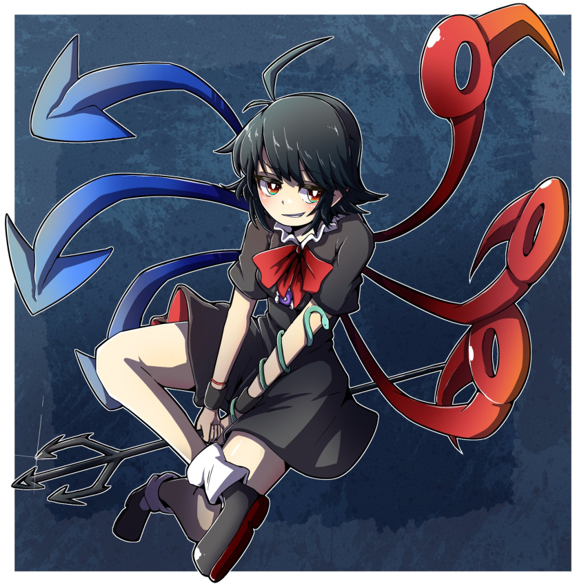 1girl ahoge asymmetrical_wings bangs black_dress black_footwear black_hair blue_wings bright_pupils commentary dress full_body grin highres houjuu_nue hurin_raika indian_style looking_at_viewer polearm red_eyes red_wings short_hair sitting smile snake_armband solo touhou trident weapon white_pupils wings wristband