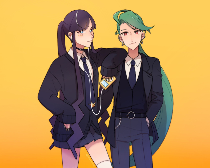 2girls ahoge alternate_hairstyle androgynous bangs black_choker black_hair black_nails blue_eyes blue_necktie blunt_bangs bright_pupils cardigan choker closed_mouth collared_shirt digital_media_player earrings elesa_(pokemon) green_hair highres holding ipod jacket jewelry long_hair looking_at_viewer multicolored_hair multiple_girls necktie open_clothes open_jacket pants pleated_skirt pokemon pokemon_(game) pokemon_bw2 pokemon_sv ponytail red_eyes rika_(pokemon) shirt sidelocks skirt smile streaked_hair submashell thigh-highs very_long_hair very_long_sleeves vest white_hair white_pupils white_thighhighs yellow_background
