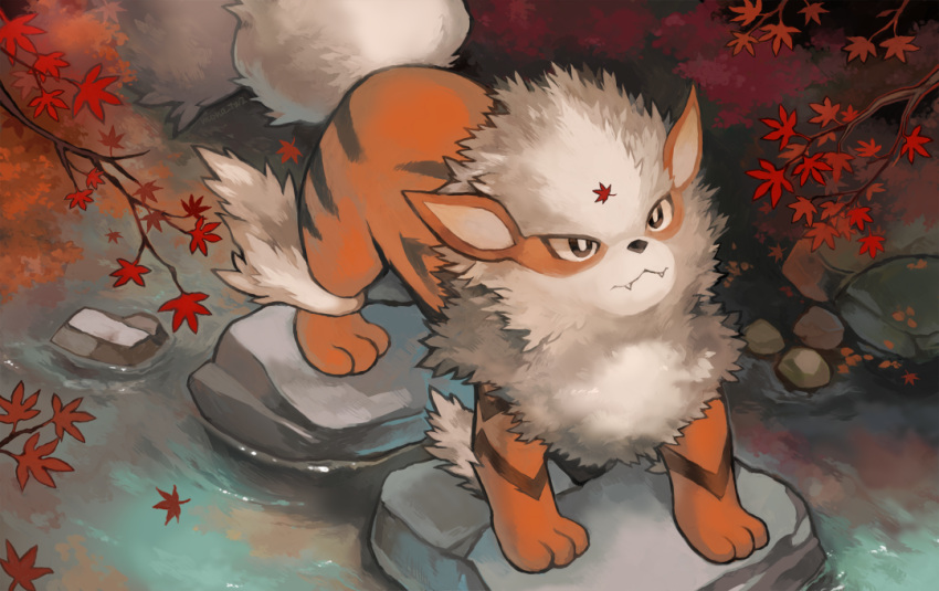 arcanine autumn branch commentary_request leaf looking_up mona_(zvak7775) no_humans outdoors pokemon pokemon_(creature) river solo standing water