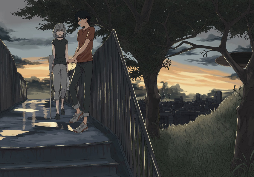 2boys accelerator_(toaru_majutsu_no_index) against_fence albino ambiguous_gender androgynous bag bangs black_choker black_eyes black_footwear black_hair black_pants black_shirt bridge cane choker cityscape clouds cloudy_sky expressionless fence grass grin highres holding holding_bag holding_cane holding_crutch jisoku_(168km1) kamijou_touma looking_at_another multiple_boys nature open_mouth pale_skin pants pants_rolled_up plastic_bag puddle red_eyes red_shirt sanpaku shirt shoes short_hair short_sleeves sky smile sneakers spiky_hair stairs sunset toaru_majutsu_no_index tree wet white_footwear white_hair white_pants wide_shot wringing_clothes