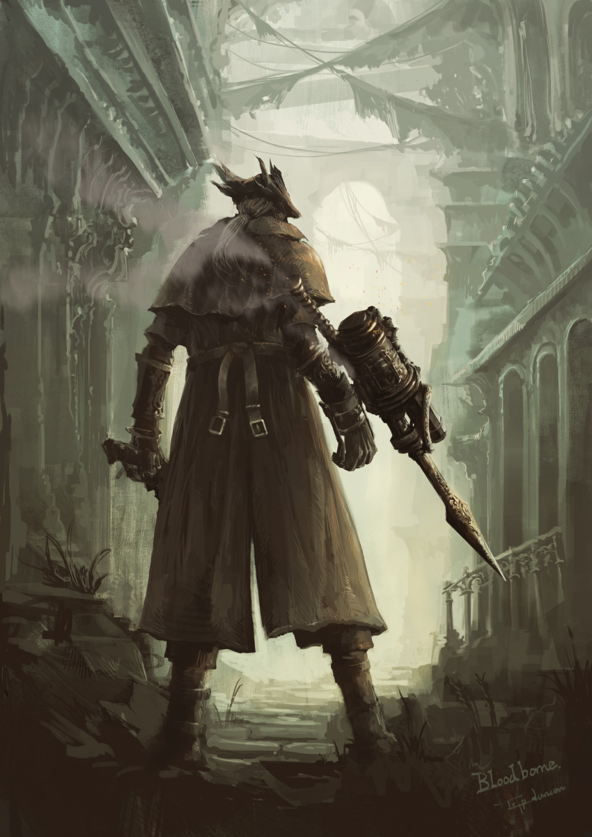 1other ambiguous_gender bloodborne boots brown_capelet brown_coat capelet coat from_behind full_body gloves gun handgun hat highres holding holding_gun holding_weapno holding_weapon hunter_(bloodborne) outdoors ponytail standing tricorne tripdancer weapon