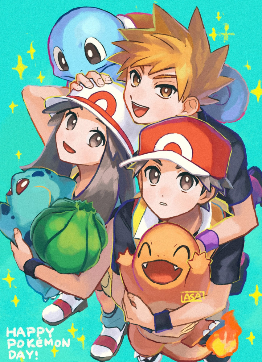 1girl 2boys :d anniversary black_shirt blue_oak brown_eyes brown_hair bulbasaur charmander commentary eyelashes flame-tipped_tail green_background grey_asa hand_on_headwear hat highres holding holding_pokemon jacket leaf_(pokemon) long_hair looking_up multiple_boys open_mouth pokemon pokemon_(creature) pokemon_(game) pokemon_frlg purple_wristband red_(pokemon) red_headwear shirt short_hair short_sleeves signature smile sparkle spiky_hair squirtle starter_pokemon_trio strap teeth white_headwear wristband