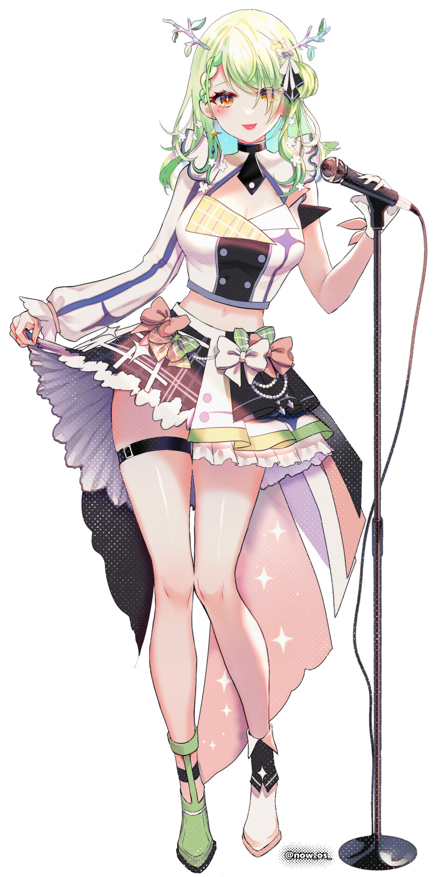 1girl absurdres antlers artist_name asymmetrical_footwear blush braid breasts ceres_fauna cleavage_cutout clothes_lift clothing_cutout flower full_body green_hair hair_flower hair_ornament highres holding holding_microphone hololive hololive_english hololive_idol_uniform hololive_idol_uniform_(bright) idol knees_together_feet_apart large_breasts long_hair long_sleeves looking_at_viewer microphone microphone_stand midriff midriff_peek mole mole_under_eye simple_background single_braid skirt skirt_lift solo sowon standing thigh_strap thighs twitter_username virtual_youtuber white_background yellow_eyes