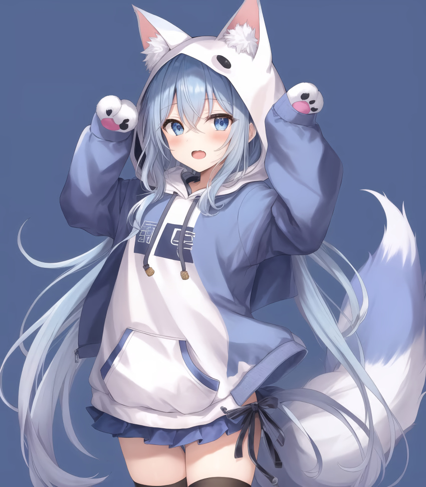 ai-generated animal_ears animal_hood black_thighhighs blue_background blue_eyes blue_hair blue_jacket blue_skirt cat_ears cat_girl cat_hood cat_paws cat_tail claw_pose cowboy_shot fake_animal_ears gloves hood hooded_jacket jacket long_hair looking_at_viewer miniskirt open_mouth oversized_clothes paw_gloves simple_background tail thighhighs two-tone_jacket white_jacket zettai_ryouiki
