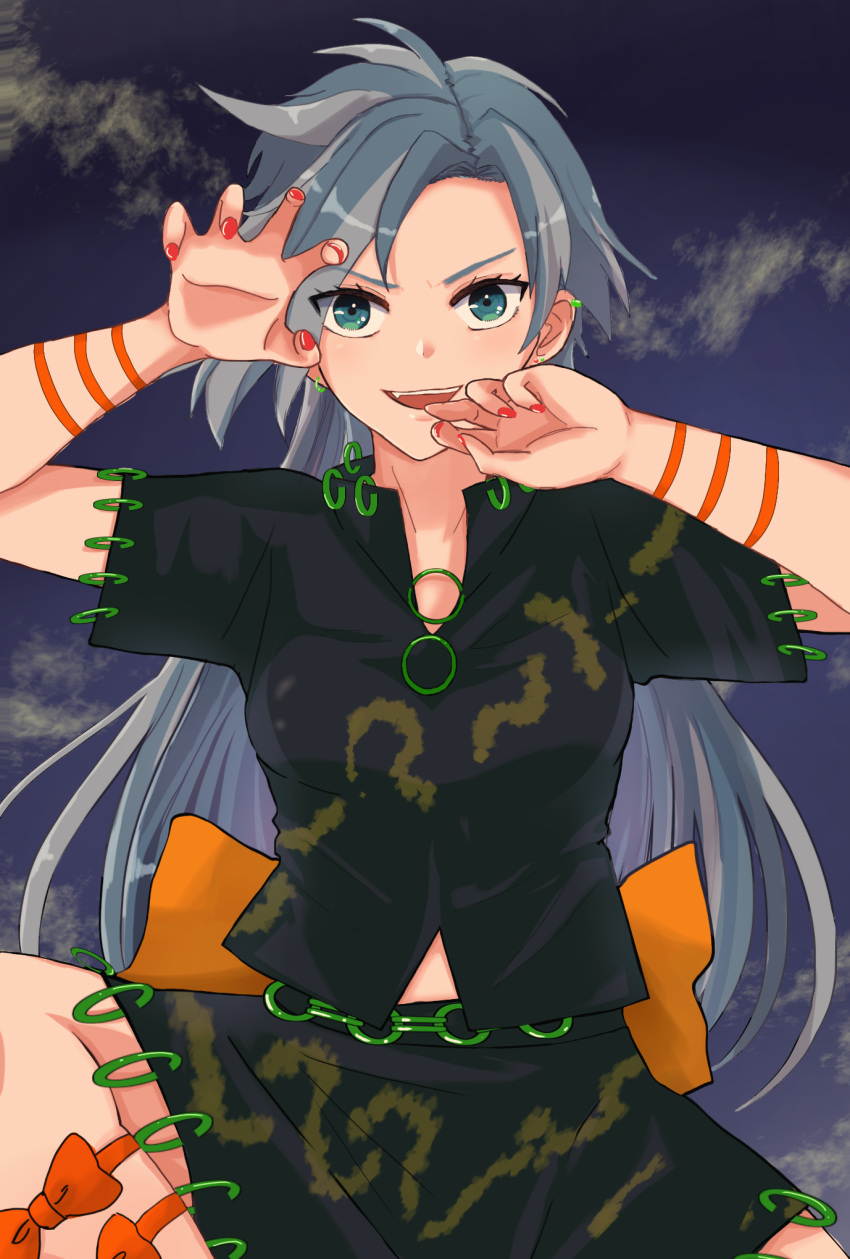 1girl arm_ribbon arm_strap back_bow blue_eyes blue_hair bow breasts chain_belt claw_pose commentary_request earrings green_shirt green_skirt highres himemushi_momoyo jewelry leg_ribbon long_hair messy_hair midriff_peek mullet nail_polish nicoseiga_57470452 open_mouth orange_bow patterned_clothing red_nails ribbon ring shin_strap shirt short_sleeves skirt skirt_set small_breasts solo touhou waist_bow