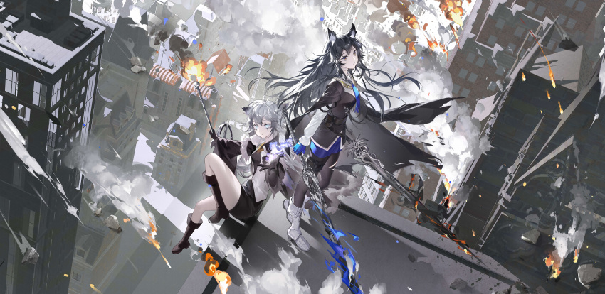 2girls absurdres animal_ears arknights bangs black_cape black_coat black_footwear black_gloves black_hair black_pantyhose black_vest blue_eyes blue_fire blue_gloves blue_necktie blue_shorts boots brown_eyes building cape city closed_mouth coat destruction explosion fire from_above gloves grey_hair highres holding holding_sword holding_weapon huishazi lappland_(arknights) lappland_(refined_horrormare)_(arknights) long_hair long_sleeves looking_at_viewer multiple_girls necktie official_alternate_costume on_roof open_clothes open_coat outdoors pantyhose pantyhose_under_shorts scar scar_across_eye shirt shorts skyscraper smile smoke sword texas_(arknights) texas_the_omertosa_(arknights) torn_cape torn_clothes vest weapon white_footwear white_shirt white_vest wide_shot wolf_ears wolf_girl