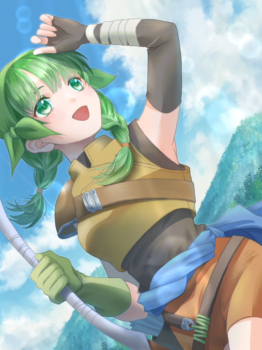 1girl :d asymmetrical_gloves bandaged_arm bandages bandana black_gloves blue_sky bow_(weapon) braid clouds elbow_gloves fingerless_gloves fire_emblem fire_emblem:_the_blazing_blade gloves green_bandana green_eyes green_gloves green_hair green_headwear green_pupils ha_(pixiv2276) highres holding holding_bow_(weapon) holding_weapon lens_flare long_hair mismatched_gloves open_mouth orange_shorts outdoors quiver rebecca_(fire_emblem) shorts single_elbow_glove single_fingerless_glove single_shoulder_pad sky smile solo twin_braids weapon