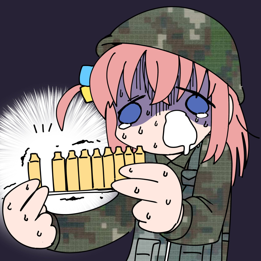 1girl absurdres ahegao ahoge ammunition bocchi_the_rock! camouflage camouflage_jacket commentary_request crying drooling gotou_hitori hair_ornament helmet highres jacket korean_commentary long_sleeves mouth_drool pink_hair solo ssangduck sweat sweating_profusely unmoving_pattern vest
