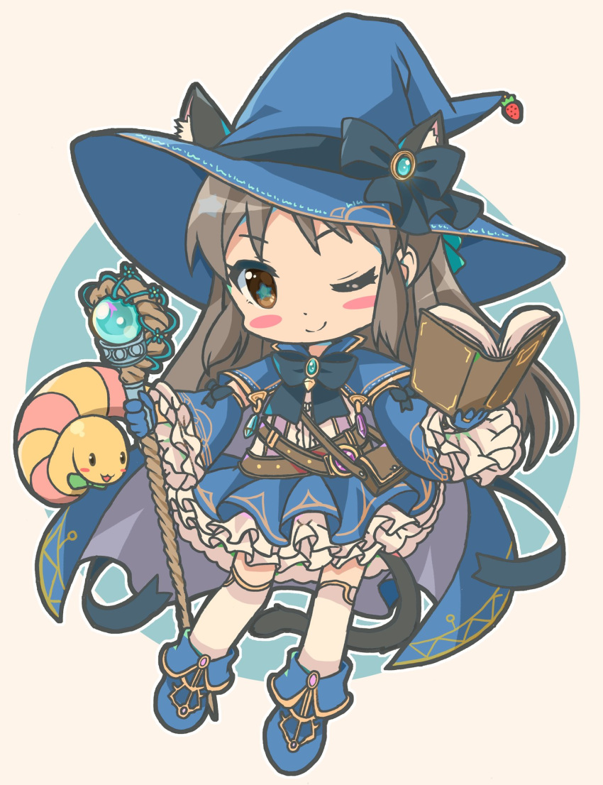 1girl animal_ear_fluff animal_ears bangs black_bow black_bowtie blue_cape blue_footwear blue_gloves blue_headwear blue_skirt blush_stickers book boots bow bowtie brown_bag brown_eyes brown_hair cape cat_ears detached_sleeves frilled_sleeves frills full_body gloves hat hat_bow highres holding holding_book holding_wand idolmaster idolmaster_cinderella_girls layered_skirt long_hair long_sleeves looking_at_viewer michii_yuuki one_eye_closed petite shirt sidelocks skirt smile snake star-shaped_pupils star_(symbol) symbol-shaped_pupils tachibana_arisu thigh-highs v-shaped_eyebrows wand white_background white_shirt white_thighhighs witch_hat