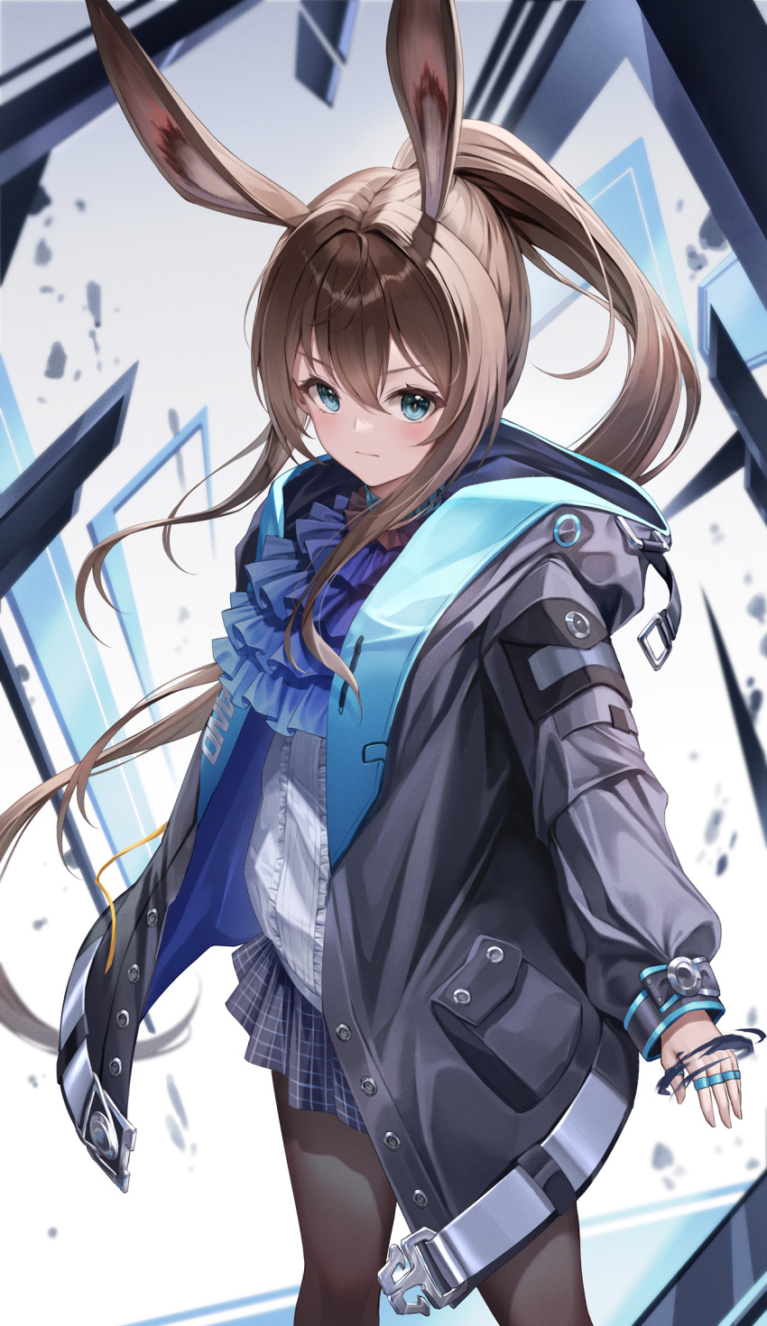 1girl amiya_(arknights) animal_ear_fluff animal_ears arknights bangs black_jacket blue_eyes blue_skirt brown_hair brown_pantyhose center_frills closed_mouth commentary frills hair_between_eyes highres hood hood_down hooded_jacket jacket long_hair long_sleeves lunacle open_clothes open_jacket pantyhose ponytail puffy_long_sleeves puffy_sleeves rabbit_ears shirt skirt sleeves_past_wrists solo very_long_hair white_shirt