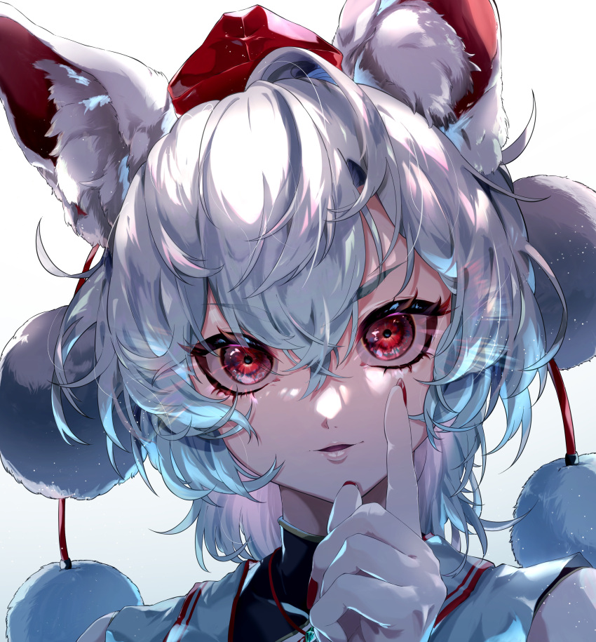 1girl absurdres animal_ear_fluff animal_ears bangs close-up fingernails hair_between_eyes hat highres index_finger_raised inubashiri_momiji looking_at_viewer nail_polish open_mouth pom_pom_(clothes) portrait red_eyes red_headwear red_nails short_hair sireia_round solo tokin_hat touhou white_hair wolf_ears