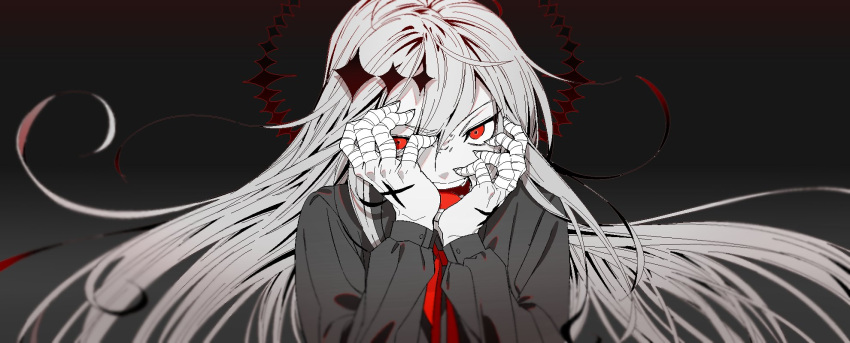 1girl angry bandaged_fingers bandages bangs black_background blank_(935115) blurry collared_shirt colored_skin dark_halo depth_of_field fingernails floating_hair floating_headgear furrowed_brow gekiyaku grey_hair grey_shirt grey_skin hair_between_eyes hair_ornament halo hands_on_own_face hands_up headgear highres long_hair looking_at_viewer neck_ribbon open_mouth portrait red_eyes red_ribbon ribbon sanpaku second-party_source sharp_fingernails shirt solo star_(symbol) star_hair_ornament stigmata utau v-shaped_eyebrows
