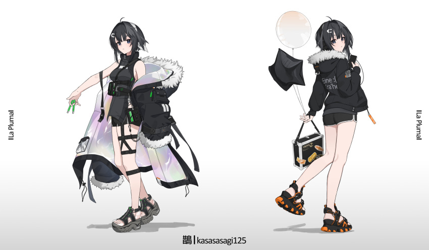 1girl absurdres alternate_costume arknights balloon black_hair black_shirt black_shorts coat dolphin_shorts feather_hair fur-trimmed_coat fur-trimmed_jacket fur_trim grey_eyes highres holding holding_phone jacket kasasasagi la_pluma_(arknights) looking_at_viewer looking_back multicolored_coat multiple_views open_clothes phone shirt shorts signature sleeveless sleeveless_shirt solo thigh_strap toeless_footwear white_background