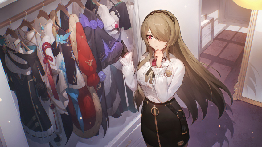 1girl absurdres bangs black_dress black_gloves black_skirt breasts brown_hair china_dress chinese_clothes closed_mouth closet clothes_hanger dress english_commentary from_above gloves hair_over_one_eye hand_on_own_chin headband highres honkai_(series) honkai_impact_3rd indoors long_hair long_sleeves purple_dress red_dress rita_rossweisse rita_rossweisse_(fallen_rosemary) second-party_source shadow shirt single_glove skirt smile solo takeno_(hashi_falcon) very_long_hair violet_eyes white_dress white_shirt