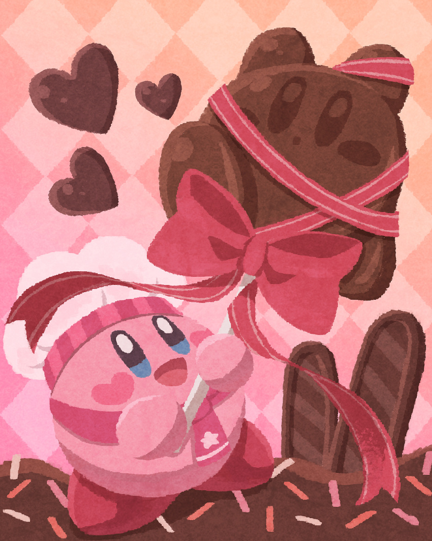 :d argyle argyle_background blue_eyes blush blush_stickers bow candy chef_hat chocolate commentary_request food hat heart heart_blush_stickers highres holding holding_candy holding_food holding_lollipop kirby kirby_(series) lollipop miclot no_humans open_mouth pink_background red_bow red_ribbon ribbon simple_background smile sprinkles standing white_headwear
