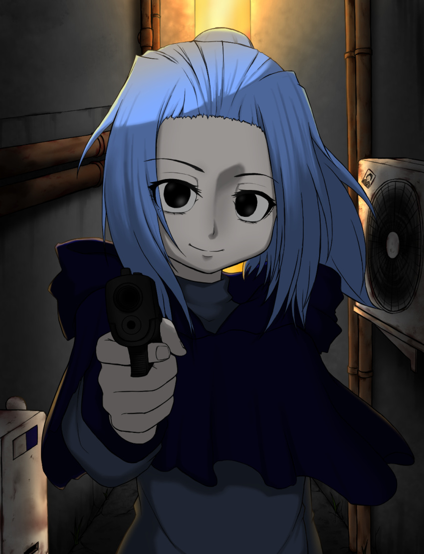 1girl aiming_at_viewer air_conditioner alley black_eyes blue_dress blue_hair blue_hood closed_mouth colored_skin commentary_request cookie_(touhou) dress flour_(cookie) gun handgun highres holding holding_gun holding_weapon hood hood_down kumoi_ichirin looking_at_viewer medium_hair ponytail smile solo touhou upper_body weapon white_skin yutsuki_kurage