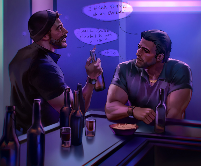 2boys absurdres alcohol bar_(place) beard black_hair black_shirt bottle call_of_duty call_of_duty:_modern_warfare_2 captain_price cup drinking_glass english_text facial_hair hat highres holding holding_bottle jewelry looking_at_another male_focus multiple_boys muscular muscular_male necklace nikolai_(modern_warfare) sasha_shkret shirt short_hair watch watch