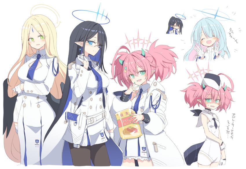 4girls aqua_eyes aqua_nails ayumu_(blue_archive) bag_of_chips bangs black_hair black_necktie black_pantyhose black_wings blonde_hair blue_archive blue_eyes blue_hair blue_necktie blush coat collared_dress colored_inner_hair cross cross_earrings dress earrings facing_viewer garrison_cap general_student_council_president_(blue_archive) glasses gloves green_eyes hair_over_one_eye halo hat highres holster holstered_weapon horns jewelry long_sleeves looking_at_viewer medium_hair momoka_(blue_archive) multicolored_hair multiple_girls multiple_views necktie official_alternate_costume pantyhose parted_bangs parted_lips pink_hair pointy_ears rimless_eyewear rin_(blue_archive) sailor_collar satou_kibi short_necktie short_twintails simple_background sleeveless sleeveless_dress smile tail translation_request twintails white_background white_coat white_dress white_gloves white_sailor_collar wings