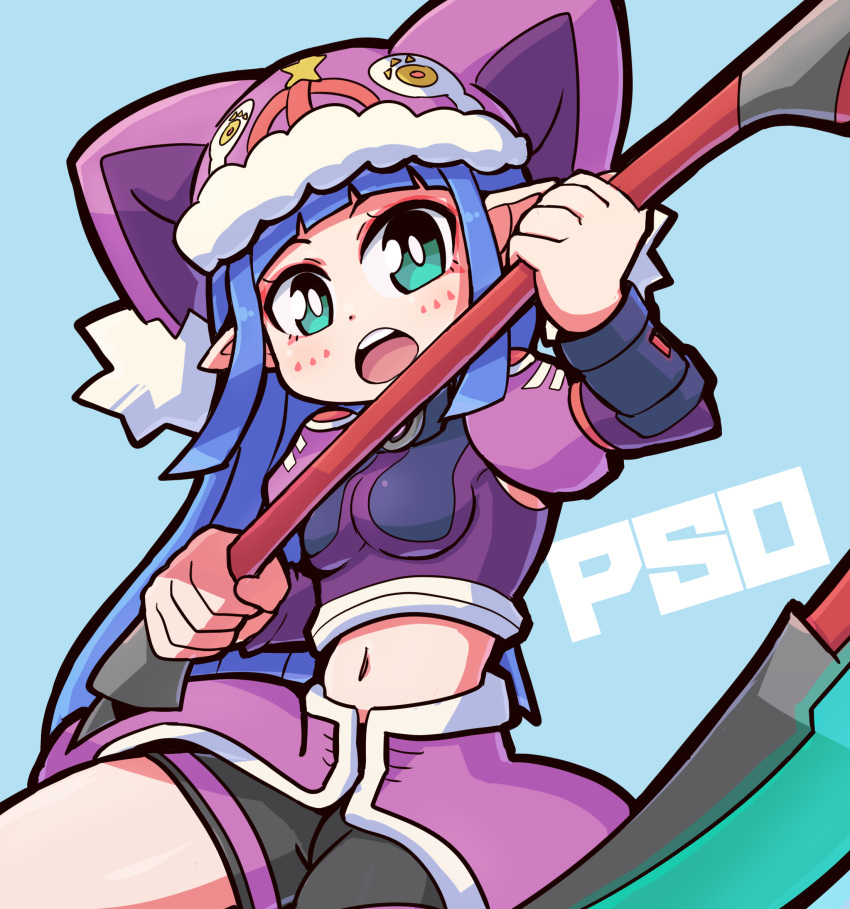 1girl aqua_eyes bangs bike_shorts black_shorts blue_hair blunt_bangs breasts bright_pupils copyright_name crop_top detached_sleeves facial_mark fonewearl fur-trimmed_headwear hat highres holding holding_scythe jester_cap juliet_sleeves light_blue_background long_hair long_sleeves looking_at_viewer navel open_mouth overskirt phantasy_star phantasy_star_online pointy_ears puffy_sleeves purple_headwear purple_sleeves red_eyeliner rupika scythe seseringo shorts simple_background single_horizontal_stripe small_breasts solo star_(symbol) teeth upper_teeth_only white_pupils