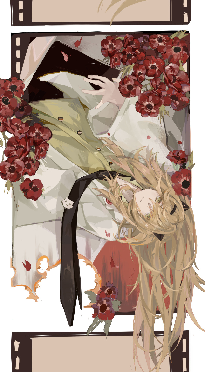 1boy absurdres anemone_(flower) animal_ears black_necktie blonde_hair cat_ears closed_mouth collar_x_malice collared_shirt facing_up fake_animal_ears flower green_shirt highres kurei_ku labcoat long_sleeves looking_to_the_side lying male_focus necktie red_background red_flower shiraishi_kageyuki shirt smile solo white_background