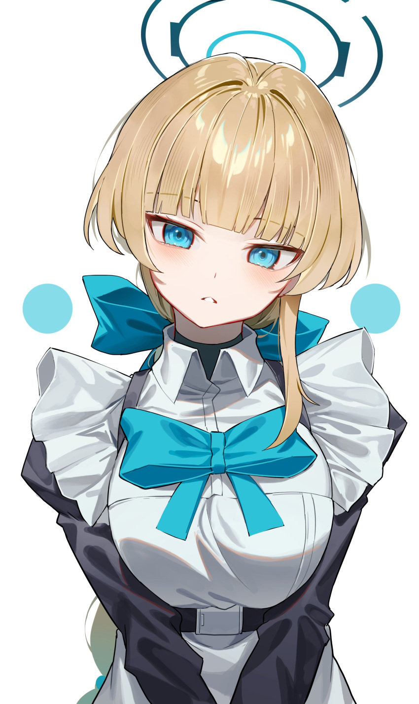 1girl absurdres alternate_hairstyle apron bangs blonde_hair blue_archive blue_bow blue_bowtie blue_eyes blunt_bangs blush bow bowtie frilled_apron frills halo head_tilt highres long_sleeves looking_at_viewer maid maid_apron maid_headdress parted_lips short_hair solo sugar_(dndi888) toki_(blue_archive) upper_body white_apron white_background