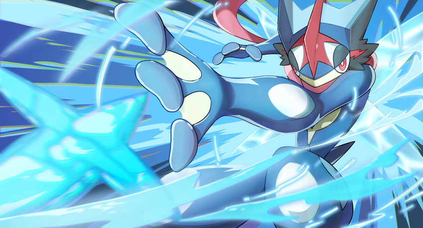 1boy animal_hands arms_up ash-greninja blue_background blue_skin blue_theme bright_pupils colored_skin commentary fighting_stance frog_boy furry furry_male gqi_(pixiv_11877511) greninja half-closed_eyes head_fins highres liquid_weapon male_focus multicolored_skin outstretched_arm pokemon pokemon_(anime) pokemon_(creature) pokemon_xy_(anime) red_eyes red_skin shuriken solo tail water weapon webbed_hands white_pupils yellow_skin